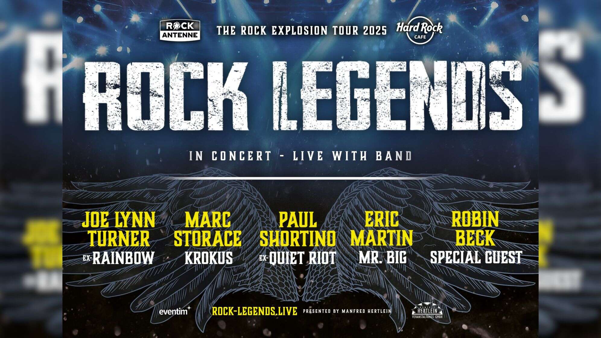 Tourplakat für die Rock Legends Tour 2025 mit Joe Lynn Turner, Marc Storage, Paul Shortino, Eric Martin und Robin Beck