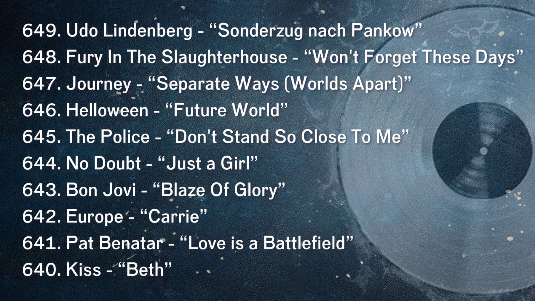 649. Udo Lindenberg - “Sonderzug nach Pankow” 648. Fury In The Slaughterhouse - “Won't Forget These Days” 647. Journey - “Separate Ways (Worlds Apart)” 646. Helloween - “Future World” 645. The Police - “Don't Stand So Close To Me” 644. No Doubt - “Just a Girl” 643. Bon Jovi - “Blaze Of Glory” 642. Europe - “Carrie” 641. Pat Benatar - “Love is a Battlefield” 640. Kiss - “Beth”