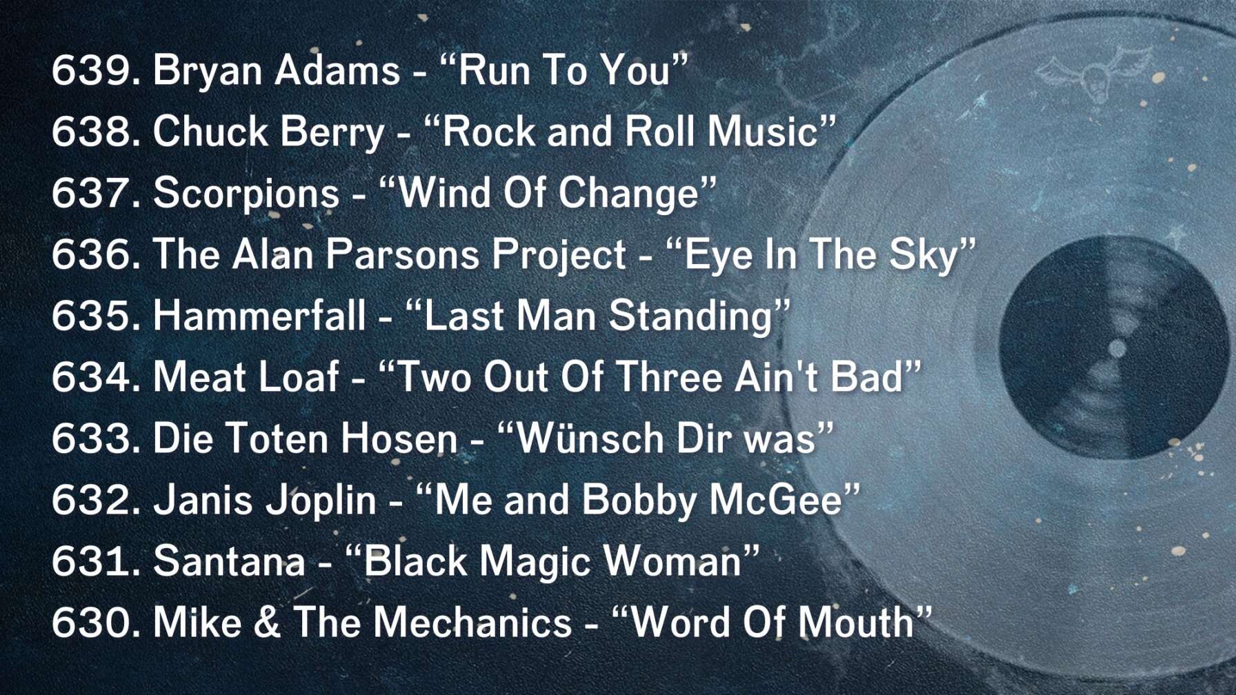 639. Bryan Adams - “Run To You” 638. Chuck Berry - “Rock and Roll Music” 637. Scorpions - “Wind Of Change” 636. The Alan Parsons Project - “Eye In The Sky” 635. Hammerfall - “Last Man Standing” 634. Meat Loaf - “Two Out Of Three Ain't Bad” 633. Die Toten Hosen - “Wünsch Dir was” 632. Janis Joplin - “Me and Bobby McGee” 631. Santana - “Black Magic Woman” 630. Mike & The Mechanics - “Word Of Mouth”