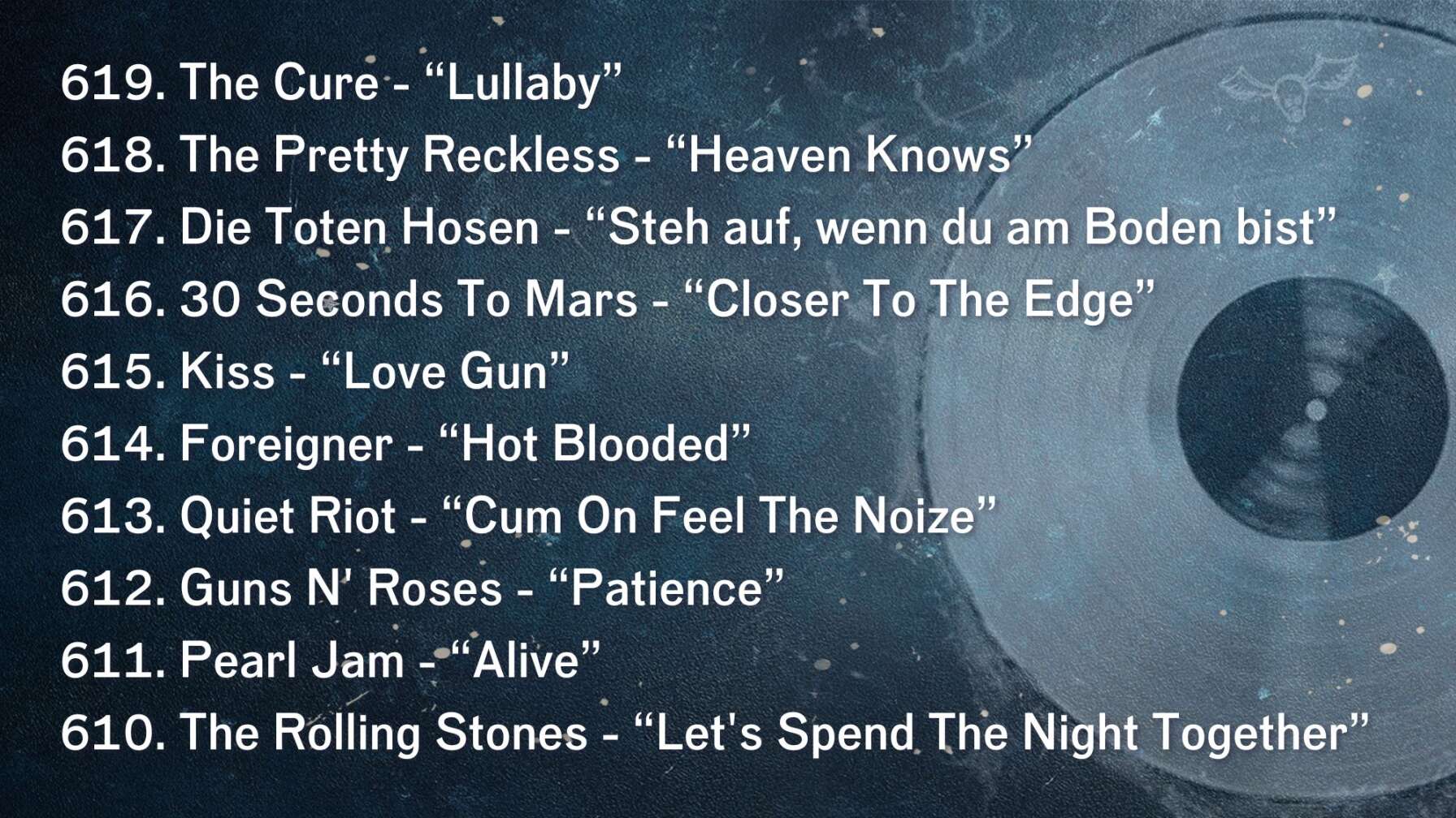 619. The Cure - “Lullaby” 618. The Pretty Reckless - “Heaven Knows” 617. Die Toten Hosen - “Steh auf, wenn du am Boden bist” 616. 30 Seconds To Mars - “Closer To The Edge” 615. Kiss - “Love Gun” 614. Foreigner - “Hot Blooded” 613. Quiet Riot - “Cum On Feel The Noize” 612. Guns N' Roses - “Patience” 611. Pearl Jam - “Alive” 610. The Rolling Stones - “Let's Spend The Night Together”