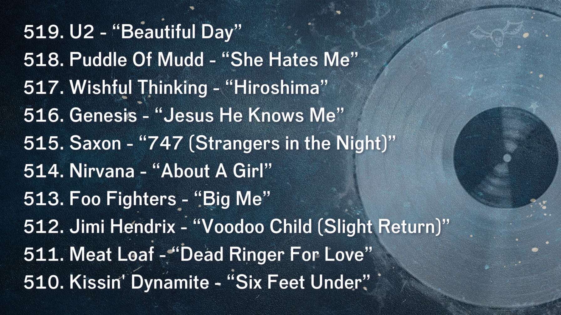 519. U2 - “Beautiful Day” 518. Puddle Of Mudd - “She Hates Me” 517. Wishful Thinking - “Hiroshima” 516. Genesis - “Jesus He Knows Me” 515. Saxon - “747 (Strangers in the Night)” 514. Nirvana - “About A Girl” 513. Foo Fighters - “Big Me” 512. Jimi Hendrix - “Voodoo Child (Slight Return)” 511. Meat Loaf - “Dead Ringer For Love” 510. Kissin' Dynamite - “Six Feet Under”