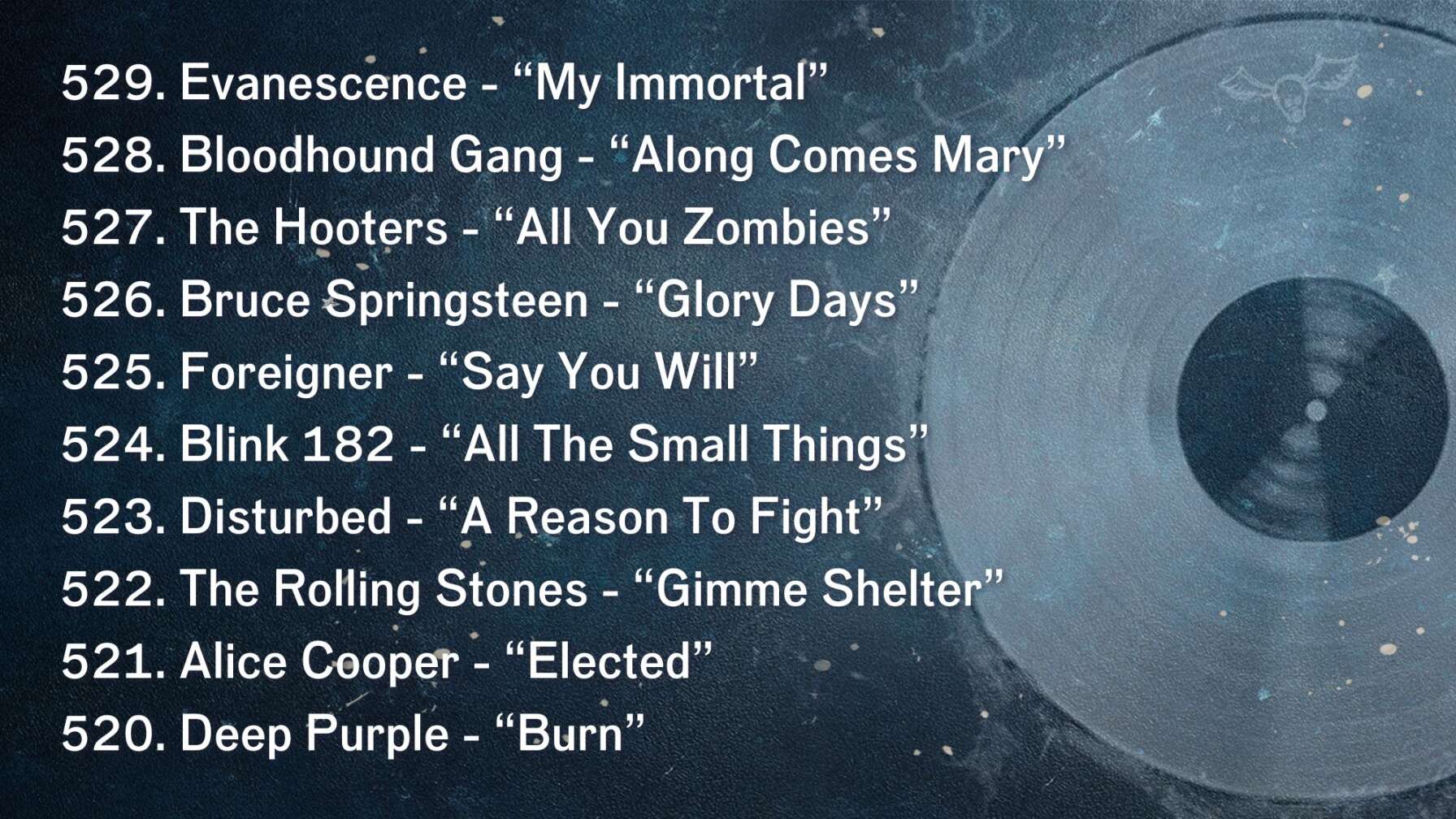 529. Evanescence - “My Immortal” 528. Bloodhound Gang - “Along Comes Mary” 527. The Hooters - “All You Zombies” 526. Bruce Springsteen - “Glory Days” 525. Foreigner - “Say You Will” 524. Blink 182 - “All The Small Things” 523. Disturbed - “A Reason To Fight” 522. The Rolling Stones - “Gimme Shelter” 521. Alice Cooper - “Elected” 520. Deep Purple - “Burn”