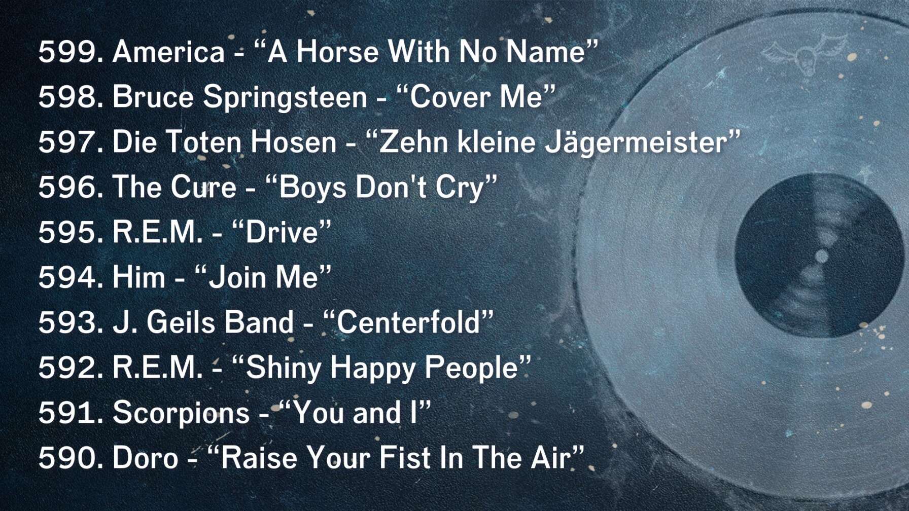 599. America - “A Horse With No Name” 598. Bruce Springsteen - “Cover Me” 597. Die Toten Hosen - “Zehn kleine Jägermeister” 596. The Cure - “Boys Don't Cry” 595. R.E.M. - “Drive” 594. Him - “Join Me” 593. J. Geils Band - “Centerfold” 592. R.E.M. - “Shiny Happy People” 591. Scorpions - “You and I” 590. Doro - “Raise Your Fist In The Air”