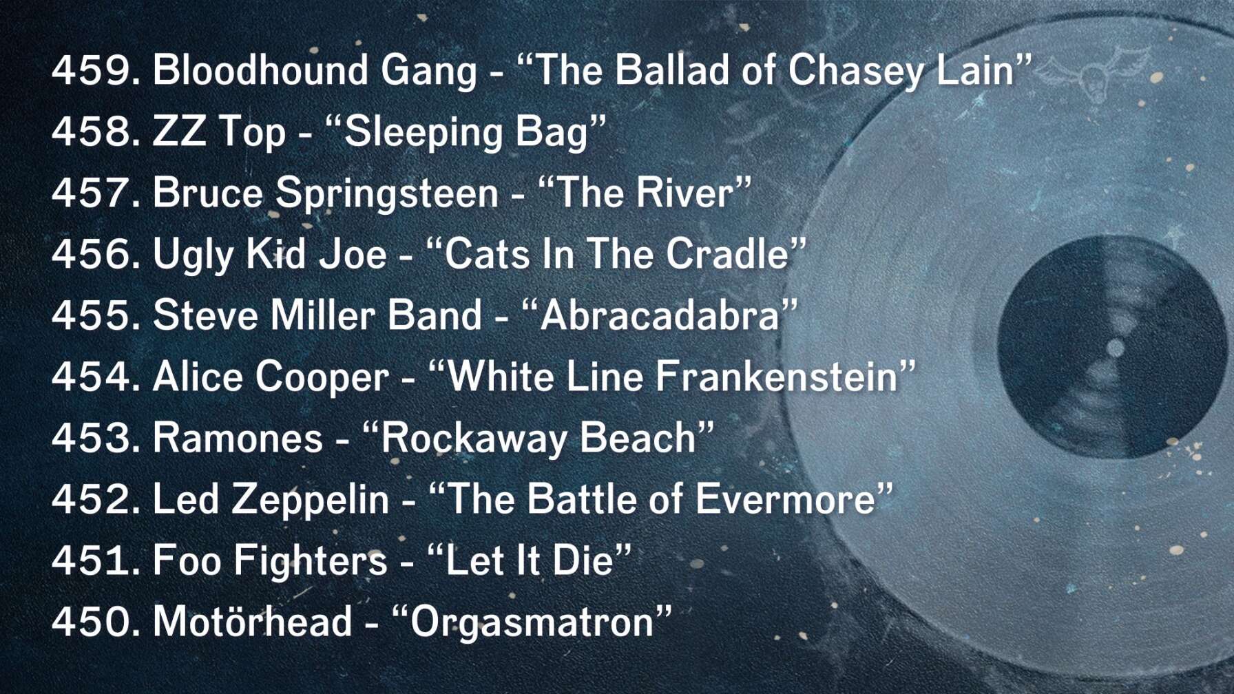 459. Bloodhound Gang - “The Ballad of Chasey Lain” 458. ZZ Top - “Sleeping Bag” 457. Bruce Springsteen - “The River” 456. Ugly Kid Joe - “Cats In The Cradle” 455. Steve Miller Band - “Abracadabra” 454. Alice Cooper - “White Line Frankenstein” 453. Ramones - “Rockaway Beach” 452. Led Zeppelin - “The Battle of Evermore” 451. Foo Fighters - “Let It Die” 450. Motörhead - “Orgasmatron”