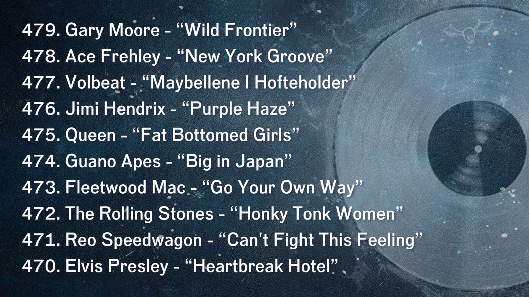 479. Gary Moore - “Wild Frontier” 478. Ace Frehley - “New York Groove” 477. Volbeat - “Maybellene I Hofteholder” 476. Jimi Hendrix - “Purple Haze” 475. Queen - “Fat Bottomed Girls” 474. Guano Apes - “Big in Japan” 473. Fleetwood Mac - “Go Your Own Way” 472. The Rolling Stones - “Honky Tonk Women” 471. Reo Speedwagon - “Can't Fight This Feeling” 470. Elvis Presley - “Heartbreak Hotel”