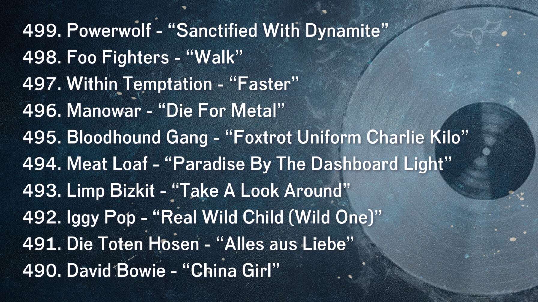 499. Powerwolf - “Sanctified With Dynamite” 498. Foo Fighters - “Walk” 497. Within Temptation - “Faster” 496. Manowar - “Die For Metal” 495. Bloodhound Gang - “Foxtrot Uniform Charlie Kilo” 494. Meat Loaf - “Paradise By The Dashboard Light” 493. Limp Bizkit - “Take A Look Around” 492. Iggy Pop - “Real Wild Child (Wild One)” 491. Die Toten Hosen - “Alles aus Liebe” 490. David Bowie - “China Girl”