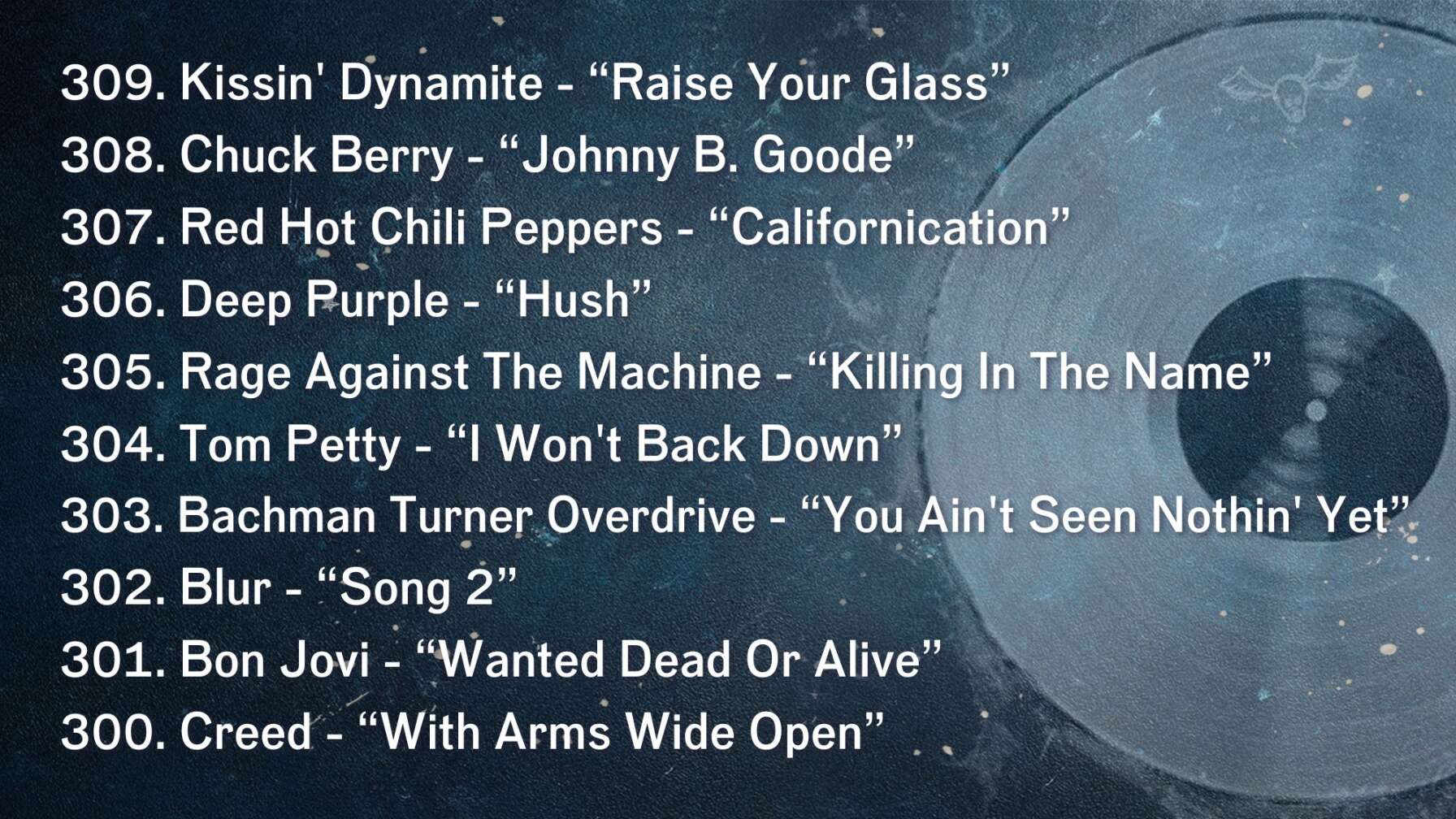 309. Kissin' Dynamite - “Raise Your Glass” 308. Chuck Berry - “Johnny B. Goode” 307. Red Hot Chili Peppers - “Californication” 306. Deep Purple - “Hush” 305. Rage Against The Machine - “Killing In The Name” 304. Tom Petty - “I Won't Back Down” 303. Bachman Turner Overdrive - “You Ain't Seen Nothin' Yet” 302. Blur - “Song 2” 301. Bon Jovi - “Wanted Dead Or Alive” 300. Creed - “With Arms Wide Open”