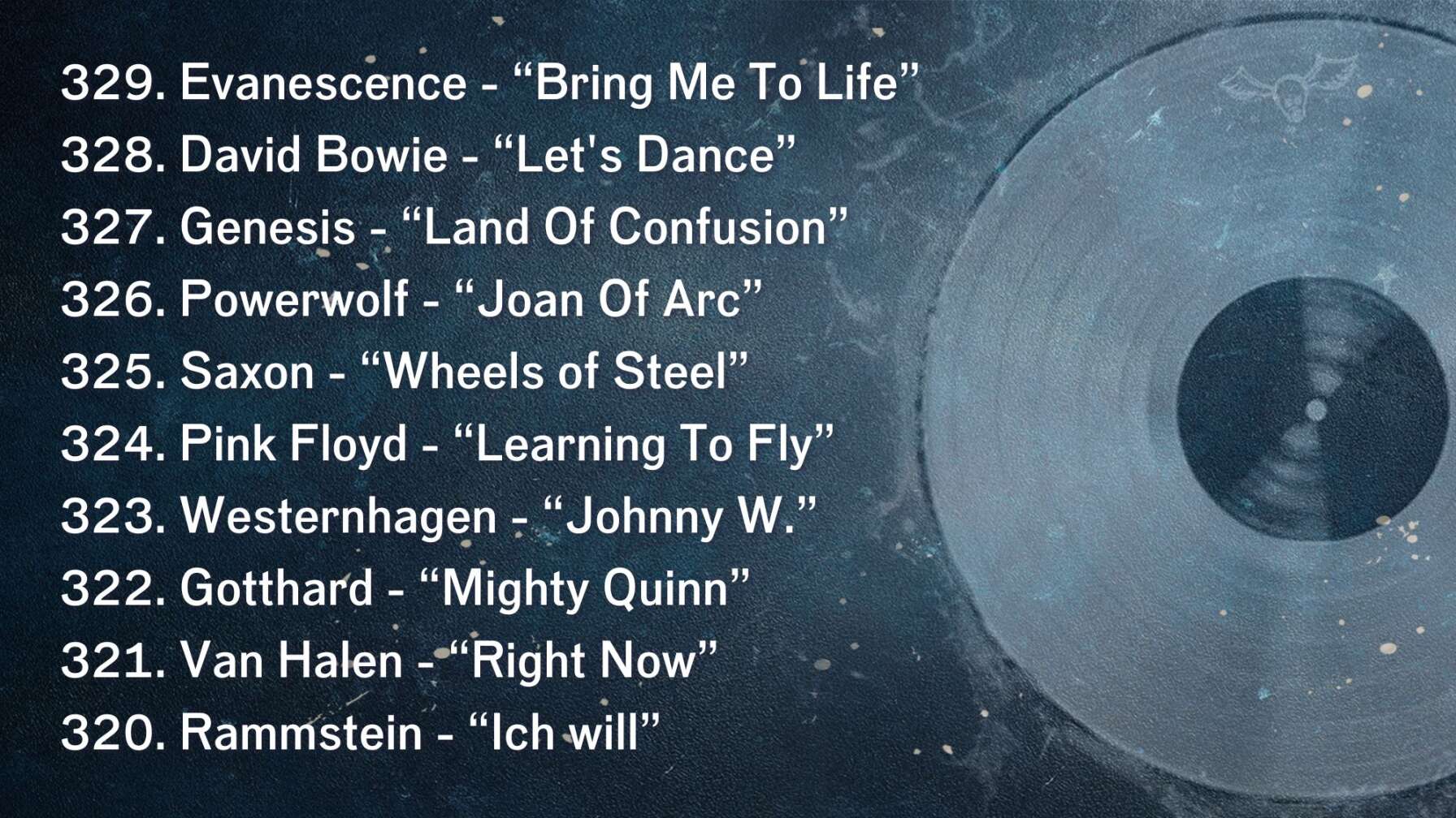 329. Evanescence - “Bring Me To Life” 328. David Bowie - “Let's Dance” 327. Genesis - “Land Of Confusion” 326. Powerwolf - “Joan Of Arc” 325. Saxon - “Wheels of Steel” 324. Pink Floyd - “Learning To Fly” 323. Westernhagen - “Johnny W.” 322. Gotthard - “Mighty Quinn” 321. Van Halen - “Right Now” 320. Rammstein - “Ich will”