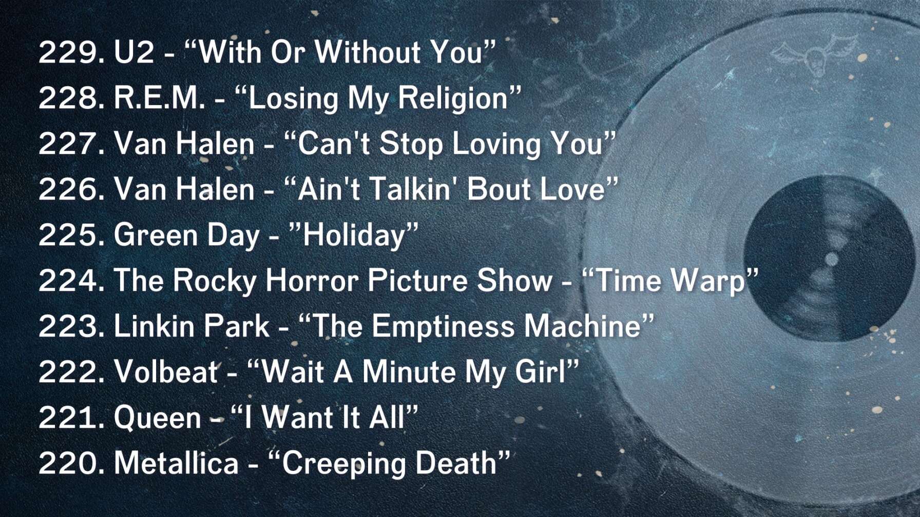 229. U2 - “With Or Without You” 228. R.E.M. - “Losing My Religion” 227. Van Halen - “Can't Stop Loving You” 226. Van Halen - “Ain't Talkin' Bout Love” 225. Green Day - ”Holiday” 224. The Rocky Horror Picture Show - “Time Warp” 223. Linkin Park - “The Emptiness Machine” 222. Volbeat - “Wait A Minute My Girl” 221. Queen - “I Want It All” 220. Metallica - “Creeping Death”