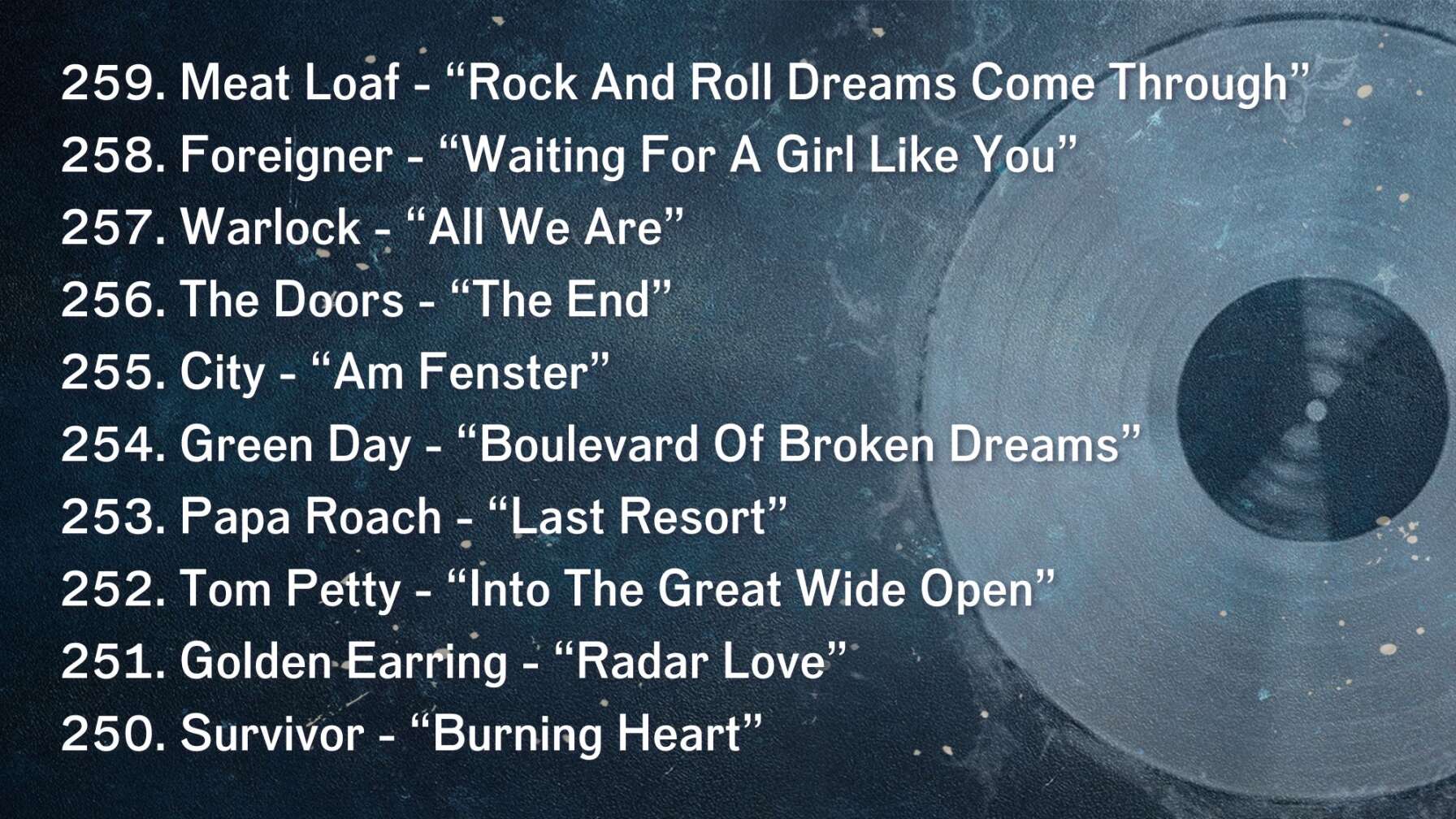 259. Meat Loaf - “Rock And Roll Dreams Come Through” 258. Foreigner - “Waiting For A Girl Like You” 257. Warlock - “All We Are” 256. The Doors - “The End” 255. City - “Am Fenster” 254. Green Day - “Boulevard Of Broken Dreams” 253. Papa Roach - “Last Resort” 252. Tom Petty - “Into The Great Wide Open” 251. Golden Earring - “Radar Love” 250. Survivor - “Burning Heart”