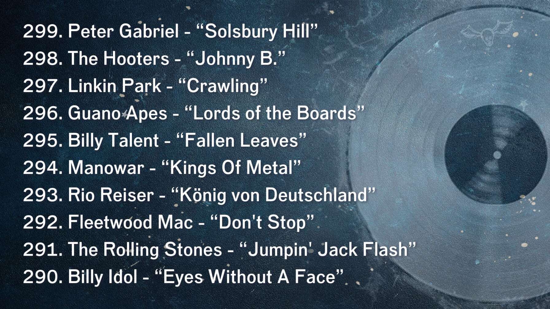 299. Peter Gabriel - “Solsbury Hill” 298. The Hooters - “Johnny B.” 297. Linkin Park - “Crawling” 296. Guano Apes - “Lords of the Boards” 295. Billy Talent - “Fallen Leaves” 294. Manowar - “Kings Of Metal” 293. Rio Reiser - “König von Deutschland” 292. Fleetwood Mac - “Don't Stop” 291. The Rolling Stones - “Jumpin' Jack Flash” 290. Billy Idol - “Eyes Without A Face”