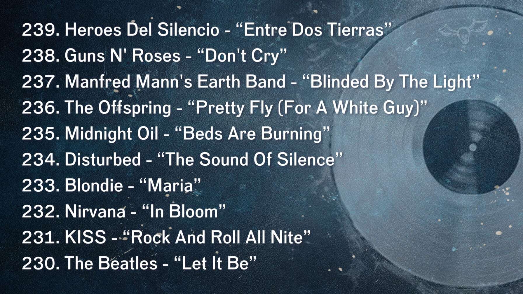 239. Heroes Del Silencio - “Entre Dos Tierras” 238. Guns N' Roses - “Don't Cry” 237. Manfred Mann's Earth Band - “Blinded By The Light” 236. The Offspring - “Pretty Fly (For A White Guy)” 235. Midnight Oil - “Beds Are Burning” 234. Disturbed - “The Sound Of Silence” 233. Blondie - “Maria” 232. Nirvana - “In Bloom” 231. KISS - “Rock And Roll All Nite” 230. The Beatles - “Let It Be”