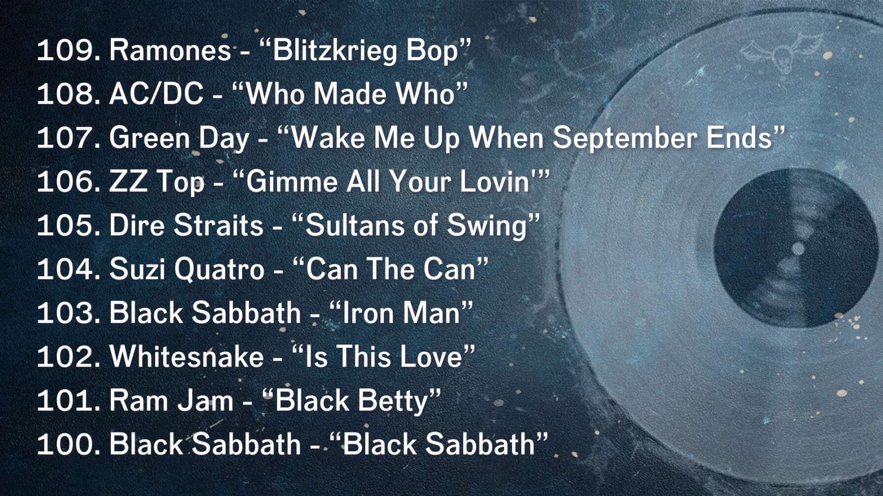 109. Ramones - “Blitzkrieg Bop” 108. AC/DC - “Who Made Who” 107. Green Day - “Wake Me Up When September Ends” 106. ZZ Top - “Gimme All Your Lovin'” 105. Dire Straits - “Sultans of Swing” 104. Suzi Quatro - “Can The Can” 103. Black Sabbath - “Iron Man” 102. Whitesnake - “Is This Love” 101. Ram Jam - “Black Betty” 100. Black Sabbath - “Black Sabbath”