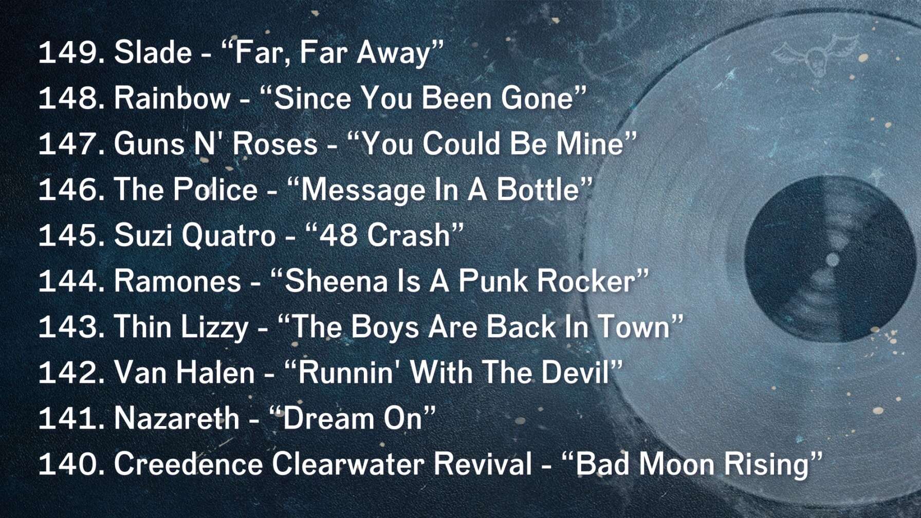 149. Slade - “Far, Far Away” 148. Rainbow - “Since You Been Gone” 147. Guns N' Roses - “You Could Be Mine” 146. The Police - “Message In A Bottle” 145. Suzi Quatro - “48 Crash” 144. Ramones - “Sheena Is A Punk Rocker” 143. Thin Lizzy - “The Boys Are Back In Town” 142. Van Halen - “Runnin' With The Devil” 141. Nazareth - “Dream On” 140. Creedence Clearwater Revival - “Bad Moon Rising”