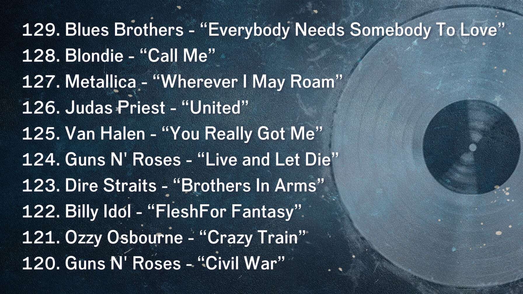 129. Blues Brothers - “Everybody Needs Somebody To Love” 128. Blondie - “Call Me” 127. Metallica - “Wherever I May Roam” 126. Judas Priest - “United” 125. Van Halen - “You Really Got Me” 124. Guns N' Roses - “Live and Let Die” 123. Dire Straits - “Brothers In Arms” 122. Billy Idol - “FleshFor Fantasy” 121. Ozzy Osbourne - “Crazy Train” 120. Guns N' Roses - “Civil War”