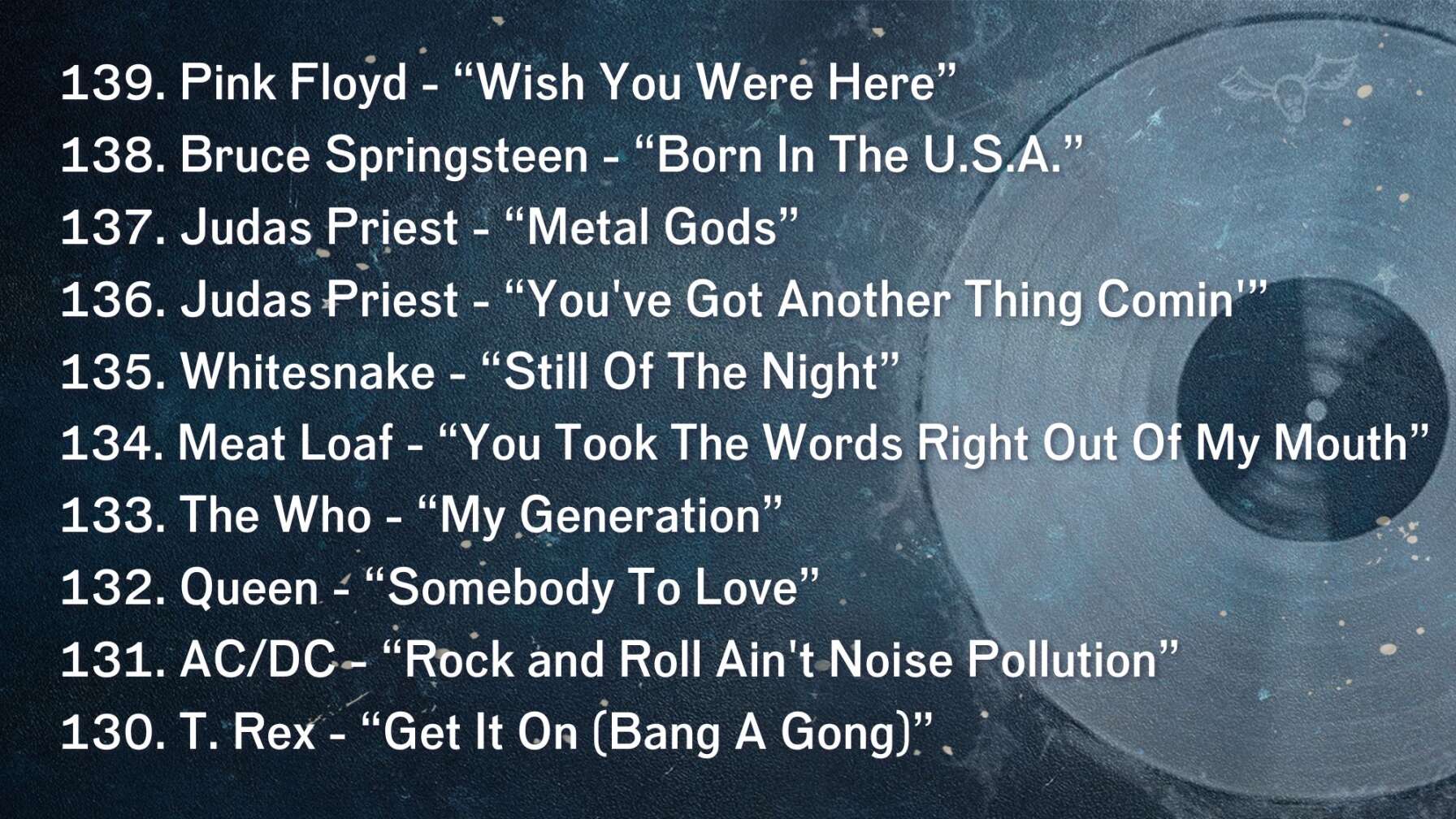 139. Pink Floyd - “Wish You Were Here” 138. Bruce Springsteen - “Born In The U.S.A.” 137. Judas Priest - “Metal Gods” 136. Judas Priest - “You've Got Another Thing Comin'” 135. Whitesnake - “Still Of The Night” 134. Meat Loaf - “You Took The Words Right Out Of My Mouth” 133. The Who - “My Generation” 132. Queen - “Somebody To Love” 131. AC/DC - “Rock and Roll Ain't Noise Pollution” 130. T. Rex - “Get It On (Bang A Gong)”