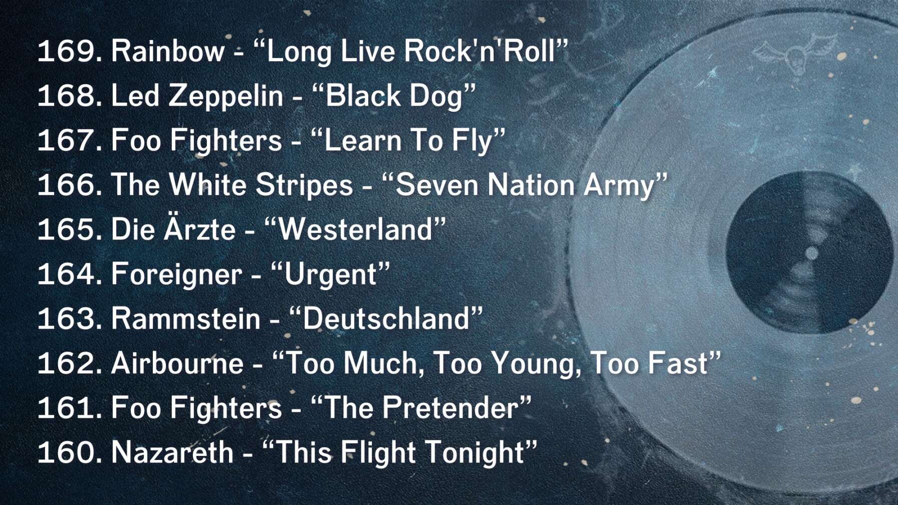 169. Rainbow - “Long Live Rock'n'Roll” 168. Led Zeppelin - “Black Dog” 167. Foo Fighters - “Learn To Fly” 166. The White Stripes - “Seven Nation Army” 165. Die Ärzte - “Westerland” 164. Foreigner - “Urgent” 163. Rammstein - “Deutschland” 162. Airbourne - “Too Much, Too Young, Too Fast” 161. Foo Fighters - “The Pretender” 160. Nazareth - “This Flight Tonight”