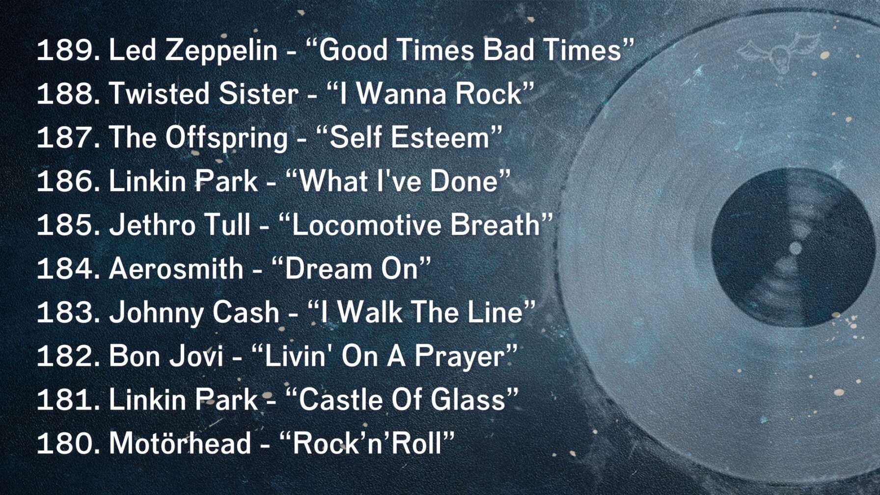 189. Led Zeppelin - “Good Times Bad Times” 188. Twisted Sister - “I Wanna Rock” 187. The Offspring - “Self Esteem” 186. Linkin Park - “What I've Done” 185. Jethro Tull - “Locomotive Breath” 184. Aerosmith - “Dream On” 183. Johnny Cash - “I Walk The Line” 182. Bon Jovi - “Livin' On A Prayer” 181. Linkin Park - “Castle Of Glass” 180. Motörhead - “Rock’n’Roll”