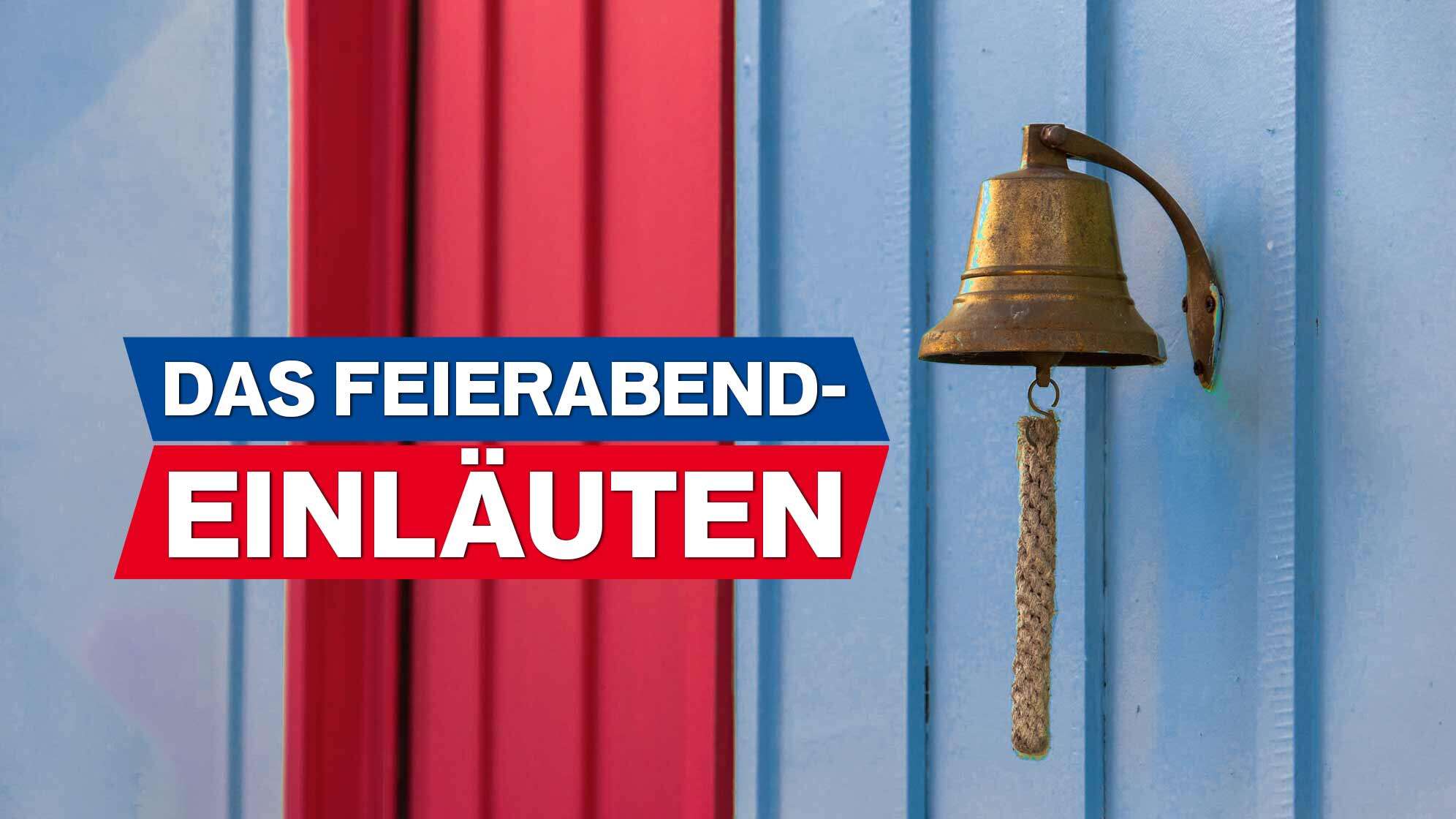 Bild einer Glocke an einer Wand, Text "Das Feierabend-Einläuten"