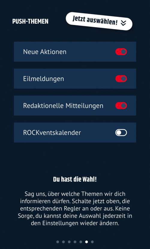 Screenshot der Push-Einstellungen in der ROCK ANTENNE App mit den verschiedenen Einstellungen für Neue Aktionen, Eilmeldungen, Redaktionelle Mitteilungen und ROCKventskalender