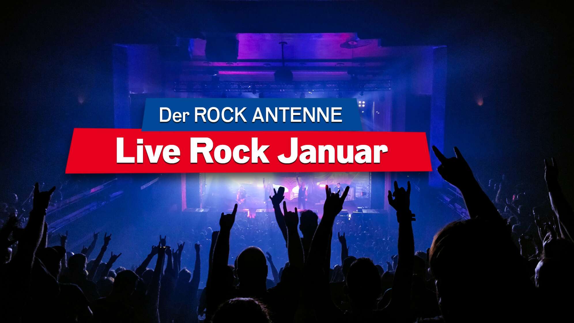 Blick auf die Bühne bei einem Konzert, Aufschrift 'Der ROCK ANTENNE Live Rock Januar'