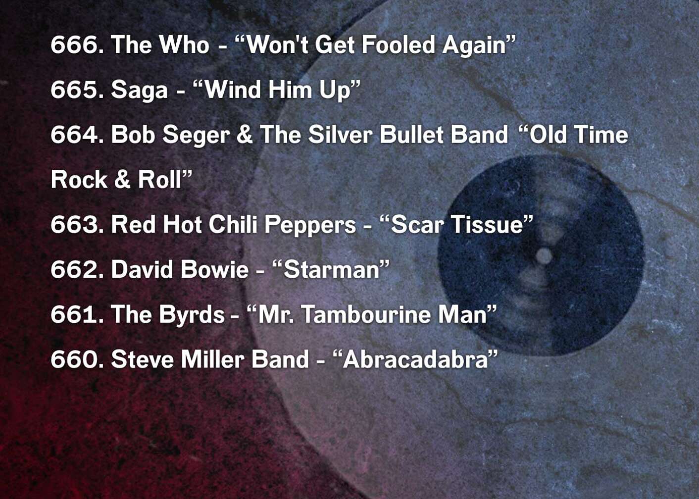 666. The Who	 - “Won't Get Fooled Again” 665. Saga	- “Wind Him Up” 664. Bob Seger & The Silver Bullet Band	“Old Time Rock & Roll” 663. Red Hot Chili Peppers - “Scar Tissue” 662. David Bowie - “Starman” 661. The Byrds	- “Mr. Tambourine Man” 660. Steve Miller Band - “Abracadabra”