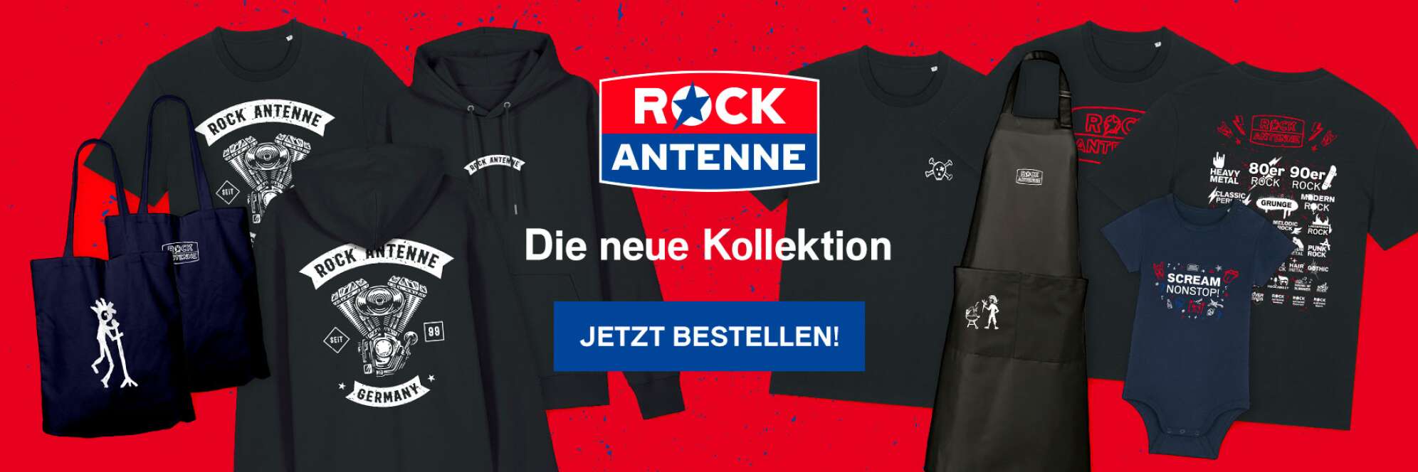 Die ROCK ANTENNE Merchandise Shop Produkte nebeneinander: Jutebeutel, T-Shit und Hoodie in verschiedenen Designs, das ROCK ANTENNE Logo und der Text: Die neue Kollektion - jetzt bestellen!