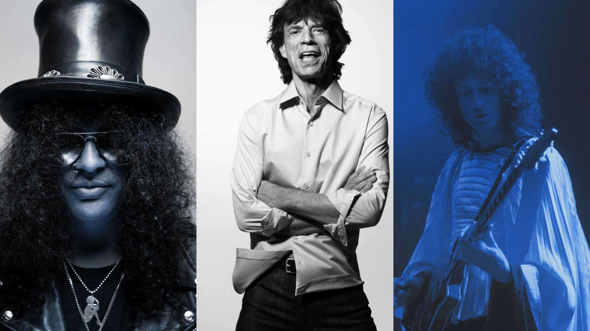 Foto von Slash, Mick Jagger und Brian May