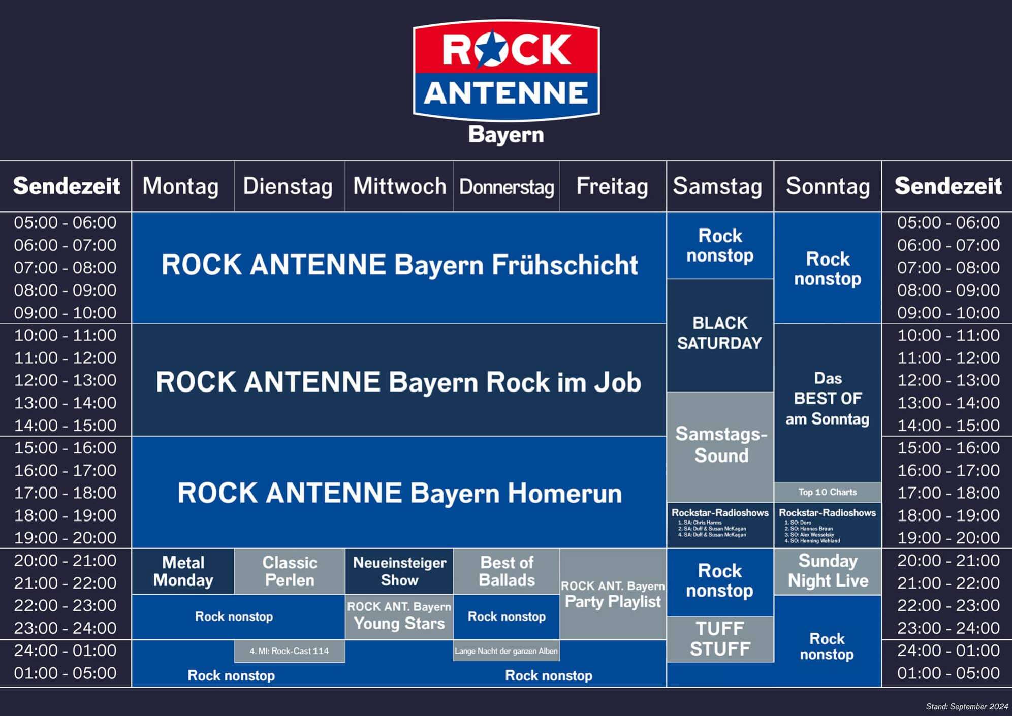 Das Programmschema von ROCK ANTENNE Bayern mit allen Sendungen Montag bis Sonntag