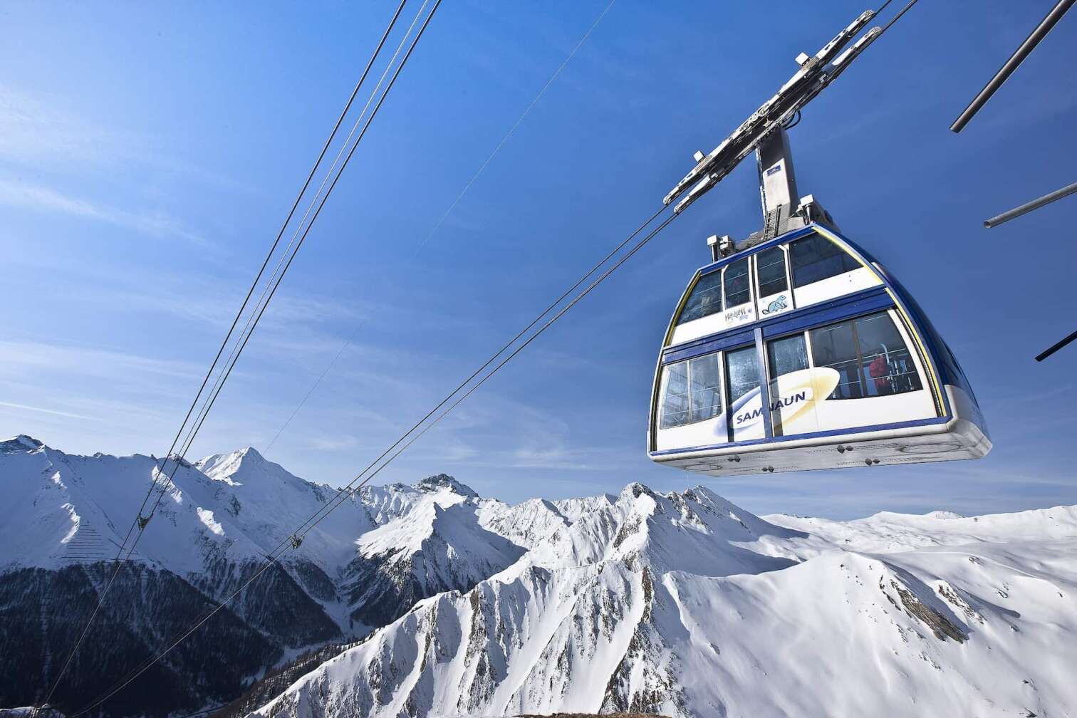 Foto der Samnauner Doppelstockgondel vor dem Bergpanorama der Silvretta Arena Samnaun/Ischgl