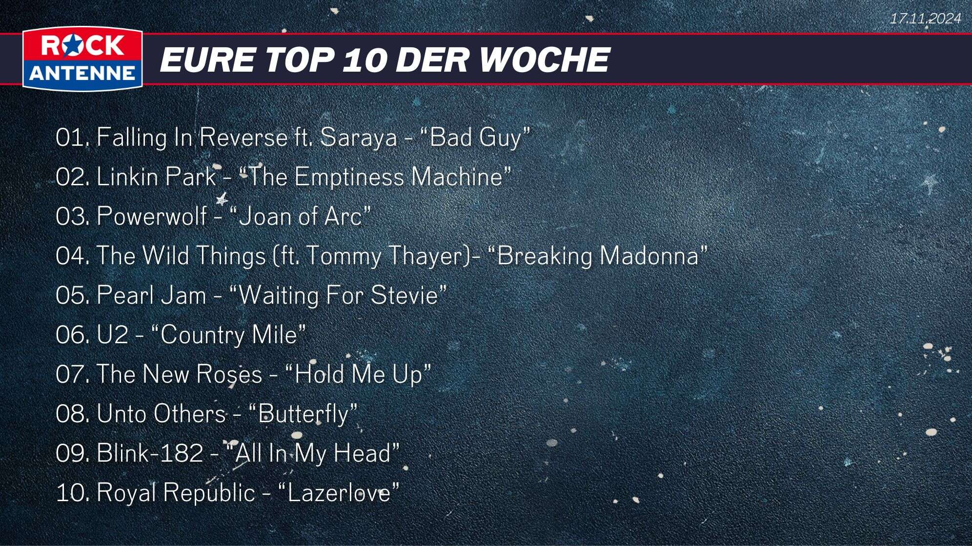 Die Top 10 vom 17.11.2024: 01. Falling In Reverse ft. Saraya - “Bad Guy” 02. Linkin Park - “The Emptiness Machine”  03. Powerwolf - “Joan of Arc” 04. The Wild Things (ft. Tommy Thayer)- “Breaking Madonna” 05. Pearl Jam - “Waiting For Stevie”  06. U2 - “Country Mile”  07. The New Roses - “Hold Me Up”  08. Unto Others - “Butterfly” 09. Blink-182 - “All In My Head” 10. Royal Republic - “Lazerlove”