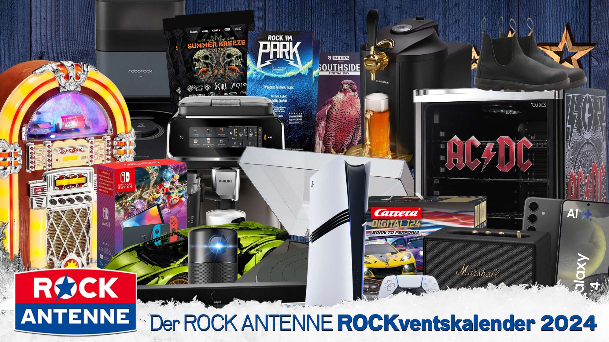 Der ROCK ANTENNE ROCKventskalender 2024 mit einer Auswahl an Geschenken, von ACDC Kühlschrank bis Jukebox, Nintendo Switch, Playstation 5, Festivaltickets, Kaffeevollautomat, Staubsaugerroboter, Marshall Box, Blundstone Boots, Plattenspieler, Samsung Galaxy Smartphone und mehr